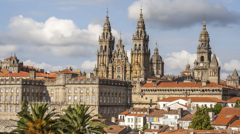 Santiago de Compostela Cathedral and rooftops, Santiago de Compostela, A Coruna, Galicia, Spain